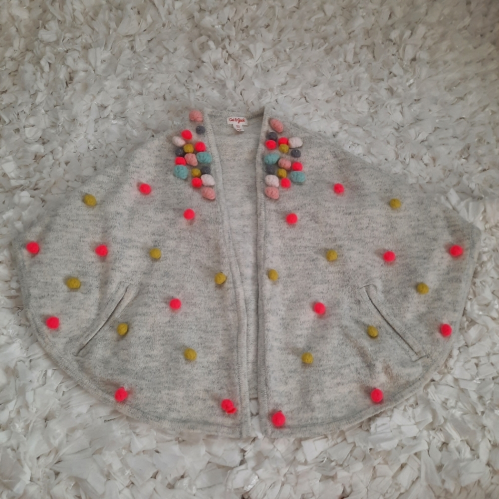 Cat & Jack Multicolored Pom Pom Embellished Knit Cape Poncho Girl's S/M